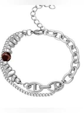 #103 Unisex Silver Multi-Chain Bracelet with Brown Accent Bead